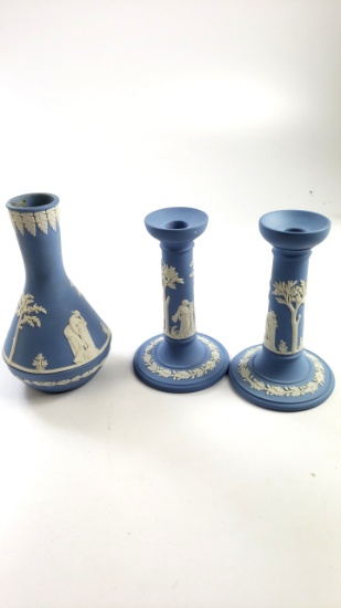 Vintage Wedgewood Jasperware Candle Holders And Vase Pale Blue Classical Designs