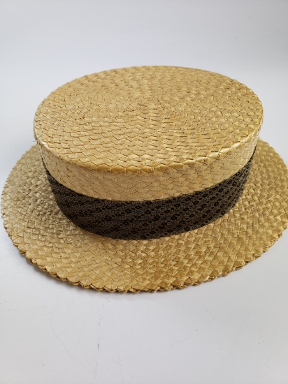 Vintage Hyde Park Straw Boaters Hat Abstract Design Purple and Silver Ribbon