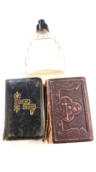 2 X Vintage Prayer Books and Holy Water Vessel Leather-bound