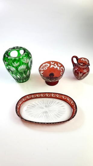 Bohemian Flashed Glass Lot - Vase, Condiment Set
