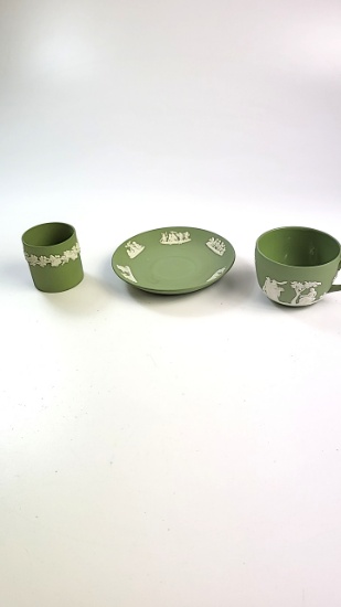 Wedgwood Jasperware Green Cup, Saucer, Mug / Sugar