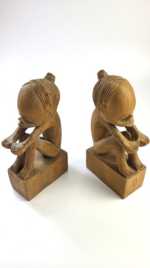 Pair of Polynesian Tribal Style Wood Carvings - Seated Men