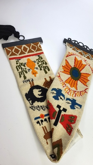 Vintage Embroidered Tapestry with Metal Fixtures