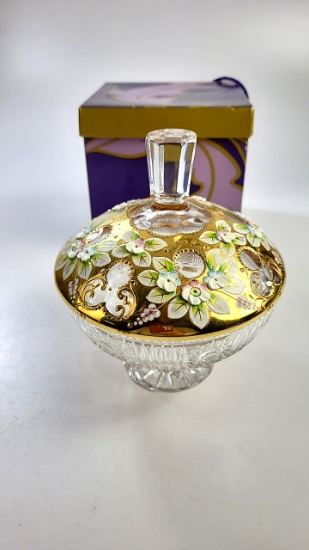 Handpainted Lead Crystal Czech Glass Lidded Bowl - Nybor Crystal