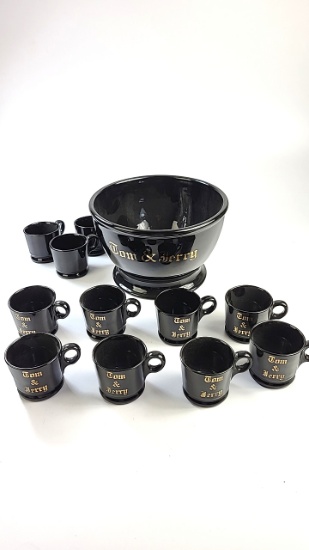 Hall Pottery Tom and Jerry Black Punch Bowl Set