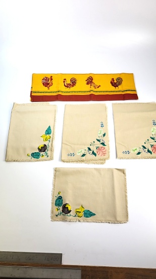 Vintage Hand-Painted Linen Tablecloth Set + Linen Kitchen Towel