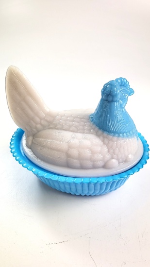 Blue and White Milk Glass Hen Dish