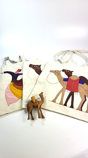Vintage Camel Patch Tote Bags and Camel Carving