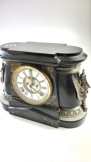 Art Deco Ansonia Slate Mantle Clock with Stork Accents