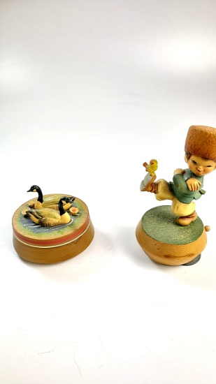 Pair of Anri Hand-Painted Music Boxes - Dancing Russian, Geese Working