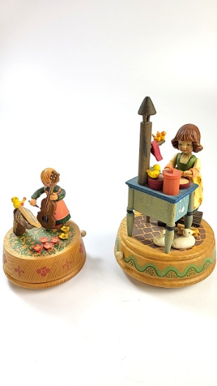 Pair of Anri Hand-Painted Music Boxes - Little Girls Working