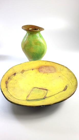Asymmetric Art Pottery Vase Signed + Abstract Footed Platted Signed (crack)