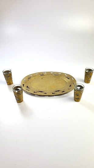 Brass Shod Liqueur Glasses on Brass Tray