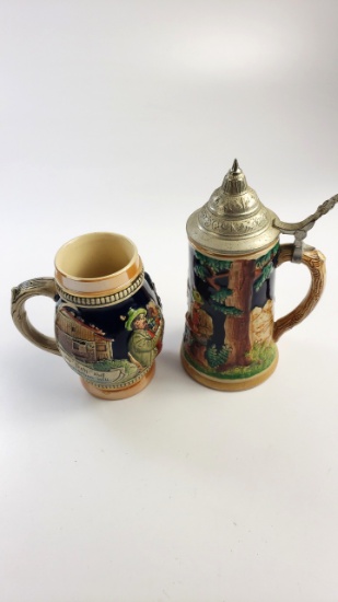 2 X German Beer Steins Bierkruge - with Lid
