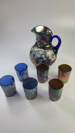 Fenton Carnival Glass Painted Pitcher and Glasses