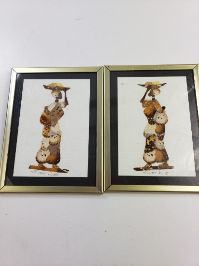Pair of Butterfly Wing Pictures Signed Sam Dube - Aftican Women