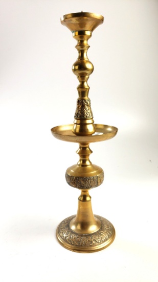 Antique Brass Candle Holder Grapes and Leave Design Wide Drip Pan 18 in