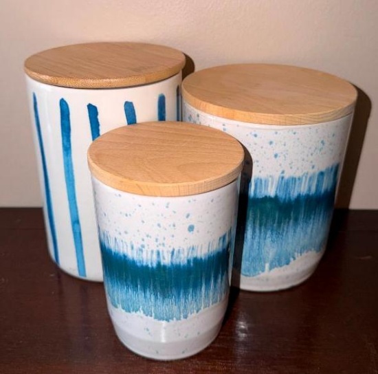 3 Blue and White Ceramic Canisters with Wood Lids - Prima Design & Magenta