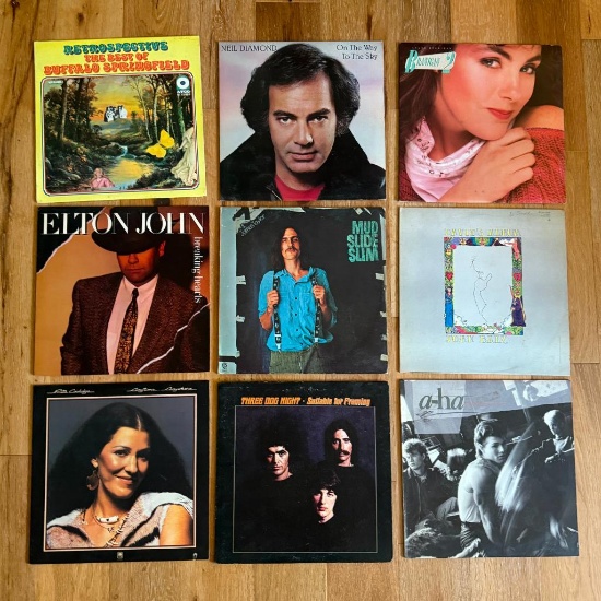 9 Folk Pop & Yacht Rock Records -Elton, a-ha, Baez, Buffalo (Springfield) Diamond, 3 Dog + More!
