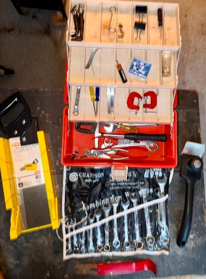 Toolbox + New & Vintage Tools - Wrenches, Screwdrivers + Hyde Scraper, Miter Saw & Box with Tags!