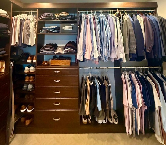 Custom Master Bedroom Walk-In Closet System with Drawers, Shelving & Hanging Rods