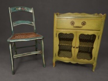 French Country Bodart Accent Cabinet + Hand Painted Cane Chair = Irresistable & Whimsical Charm!