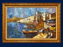 Large MCM Nautical Impressionist Mediterranean Harbor Textured Oil Painting - Signed