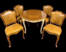 Mid CenturyFrenchProvincialDiningTable&4CognacLeatherChairs with Brads Nailhead Trim!
