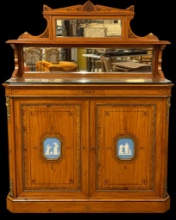 Victorian Showstopper! Antique Neoclassical Mirrored Credenza + Jasperware Cameos, Marquetry & Brass