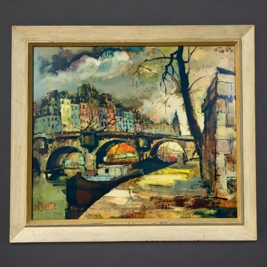 Olivier Foss - The Bridge - Mid Century Parisian Cityscape in Original Shadowbox Frame