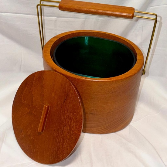 Sowe Konst Mid-Century Modern Swedish Teak Ice Bucket With Teal Glass Insert