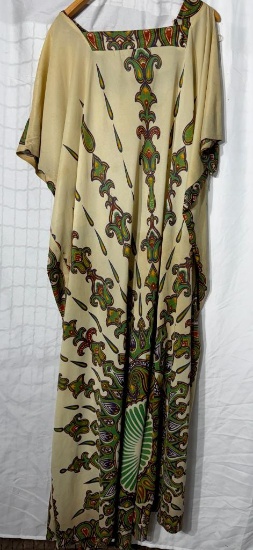 Vintage 1970s Cream Paisley Caftan Maxi Dress and St. Croix Zephyr Wool Suede Sweater