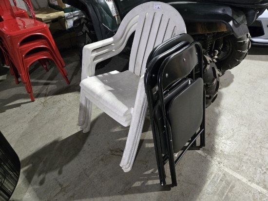 Lot of (3) Stackable Plastic Chairs and (3) Folding Chairs