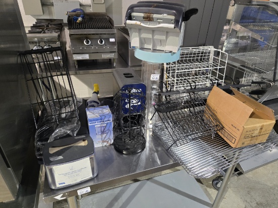 Lot of Misc, includes, soap dispenser, towel dispenser, coat racks, wire gr