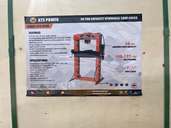 New, Unused, ATS Power 50 Ton Capacity Hydraulic Shop Press