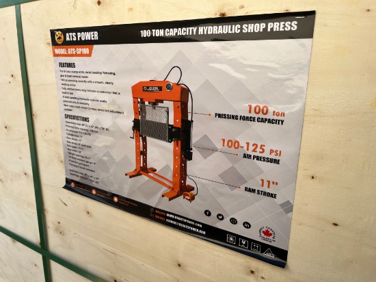New, Unused, ATS Power 100 Ton Capacity Hydraulic Shop Press