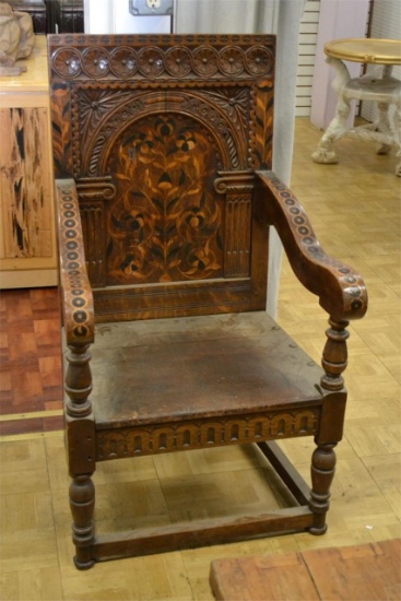 Baroque Style Carved Inlaid Oak Armchair 19th C