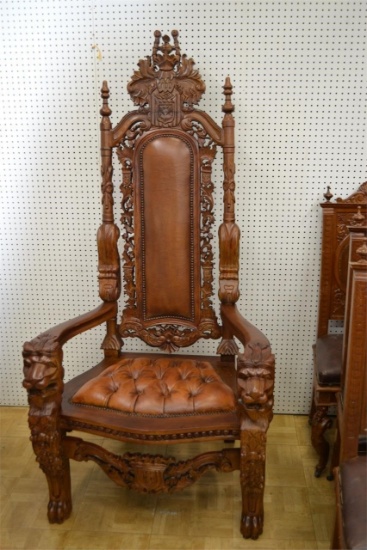Italian Renaissance Leather Lion Head Throne Chair