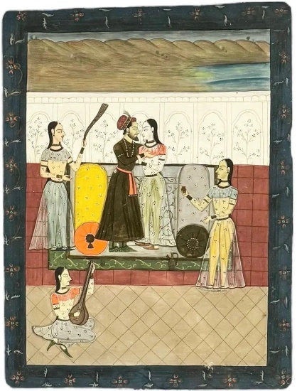 Antique Indian School Painting Watercolor Glass