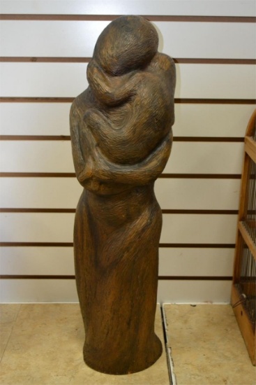Mid-Century Mother & Child Wood Sculpture, Signed