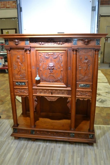 FINE CARVED WALNUT WINE CABINET w/ Marble Plaques