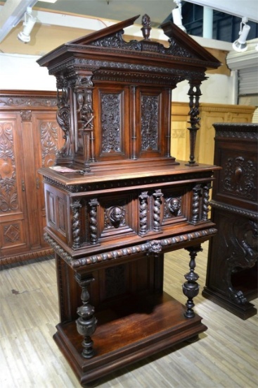 FLORENTINE CARVED WALNUT BLIND FRONT CURIO CABINET