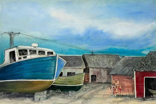 American School Florida Boatyard Scene, Signed