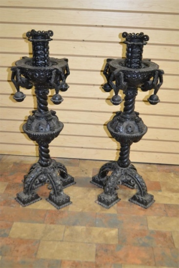 Pair Large Baroque Style Metal Floor Candlesticks