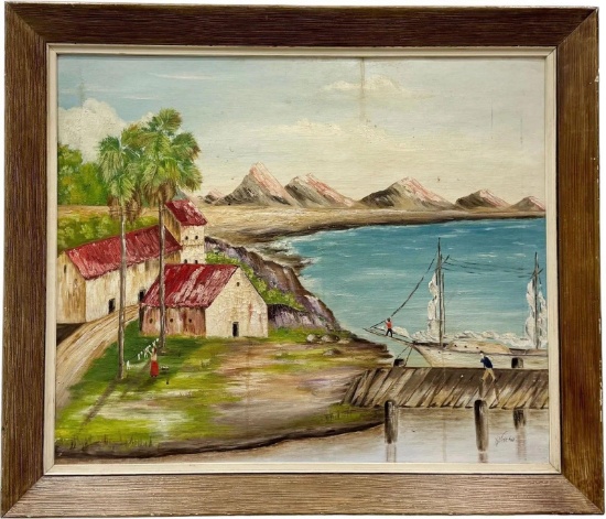Primitive Cuban School Coastal Landscape Signed