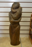 Mid-Century Mother & Child Wood Sculpture, Signed