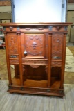 FINE CARVED WALNUT WINE CABINET w/ Marble Plaques