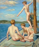 American School Painting Of Boys On A Boat