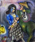 Mexican School Surrealist Serenade Scene Painting