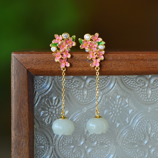 A Pair of Exquisite Sterling Silver-Gold Plated Inlaid White Jade Earrings